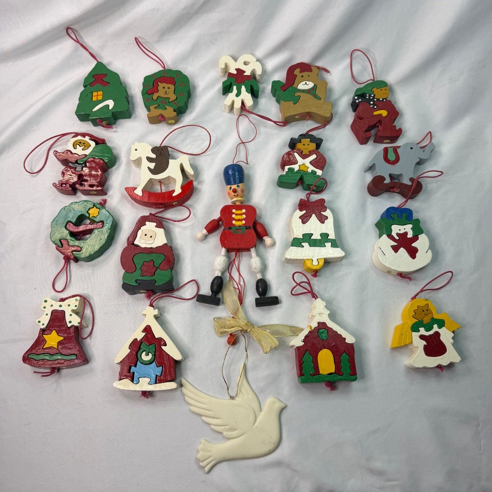 Vintage Wooden Christmas Ornament Lot 18pc Nutcracker Santa Bell Dove Folk Art